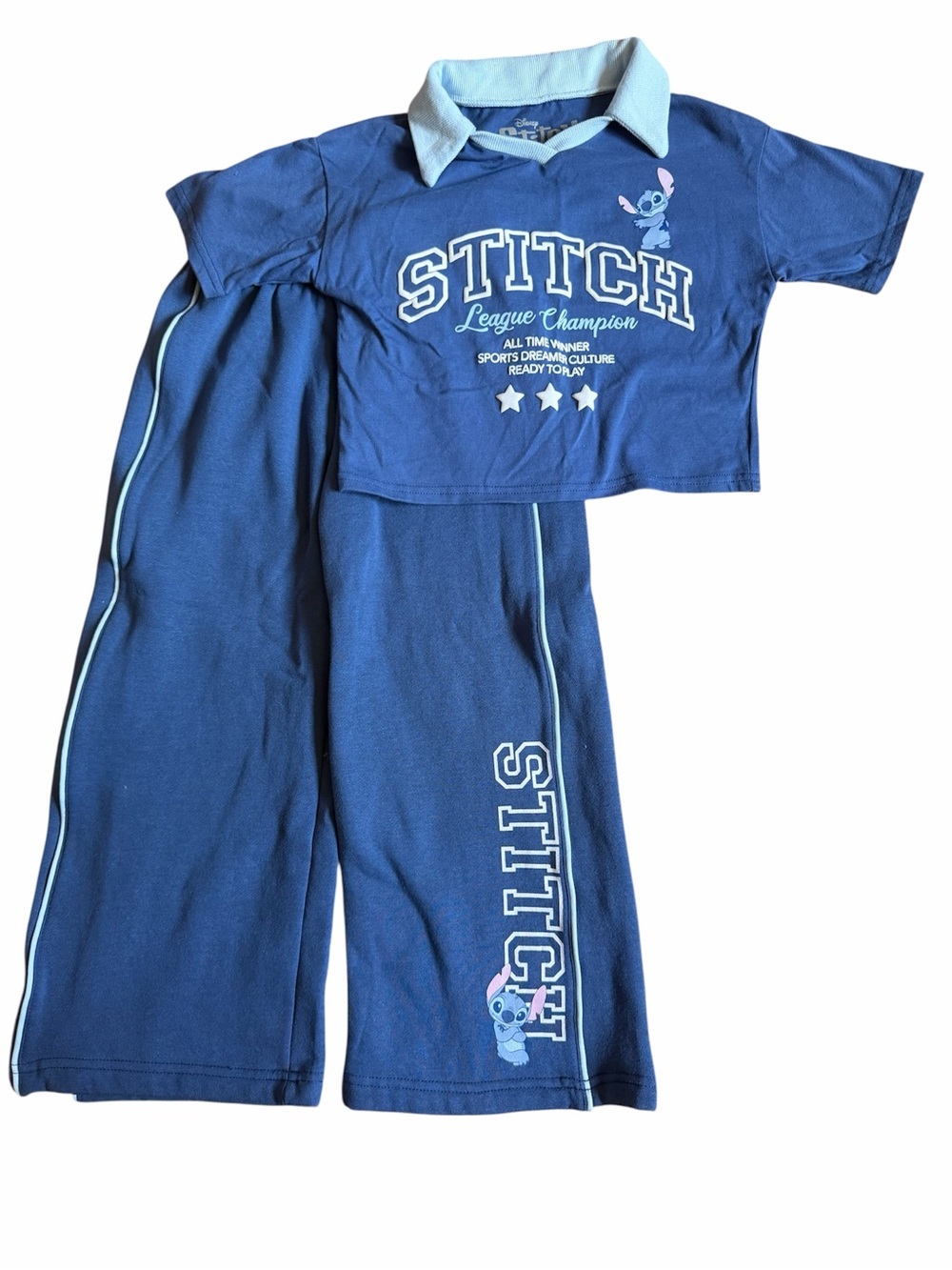 Disney Blue Stitch Polo Collar Crop Top and Wide Leg Sweatpants Set 6 Girl